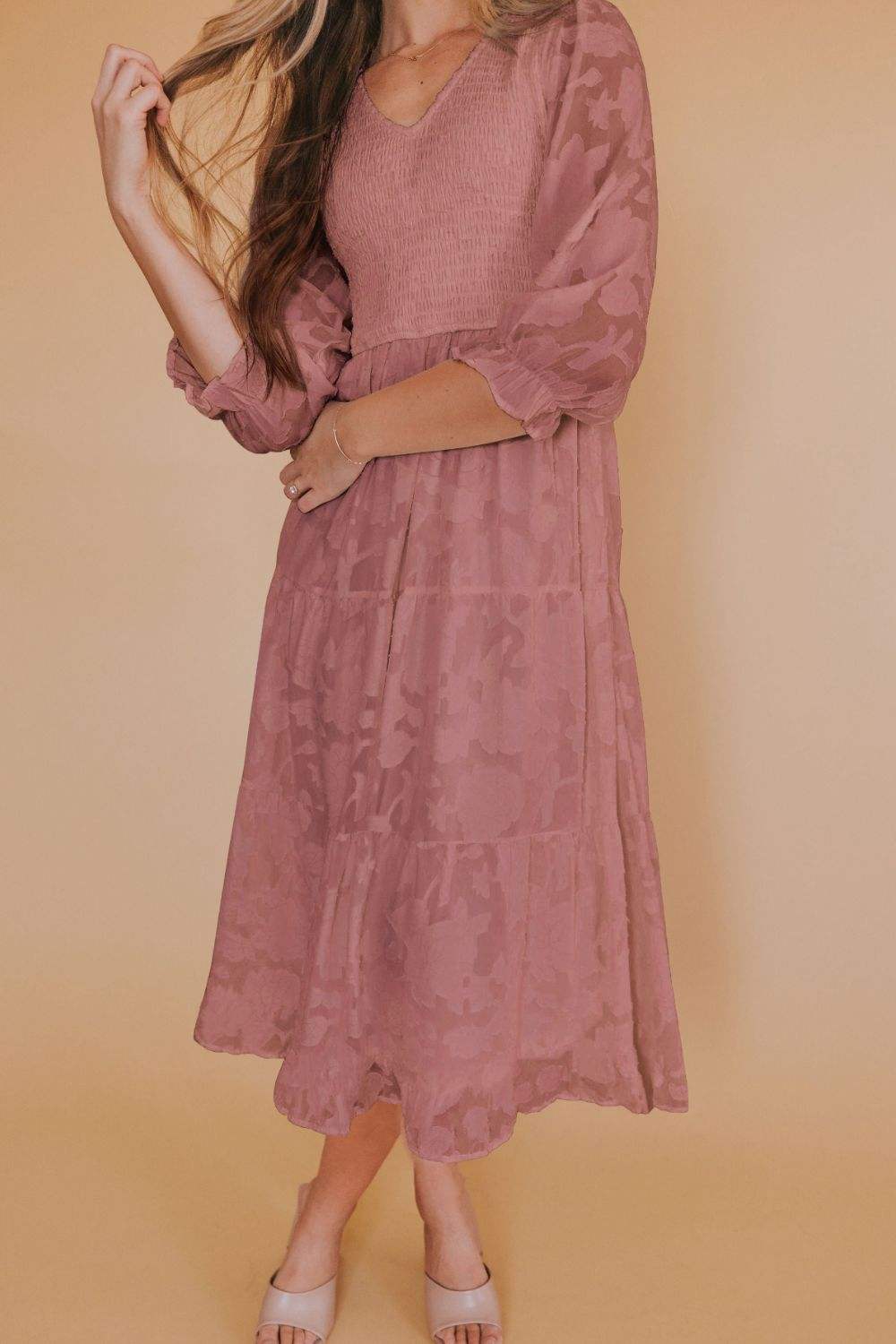 Smocked V-Neck Flounce Sleeve Dress Light Mauve Casual Dresses - Tophatter Daily Deals