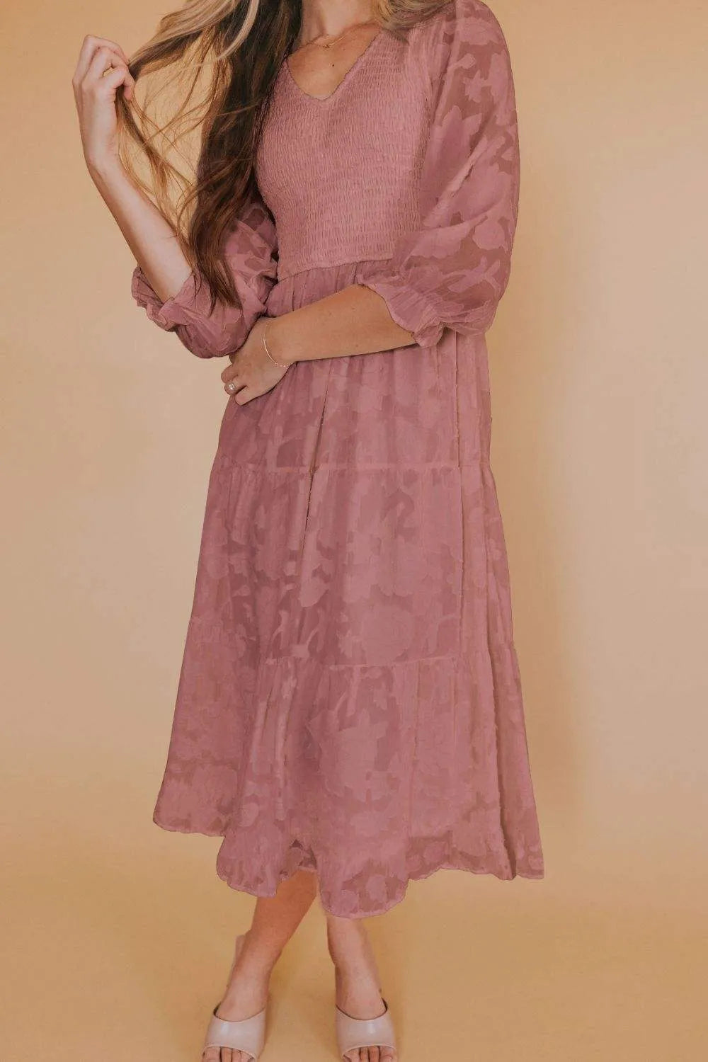 Smocked V-Neck Flounce Sleeve Dress Light Mauve Casual Dresses - Tophatter Daily Deals