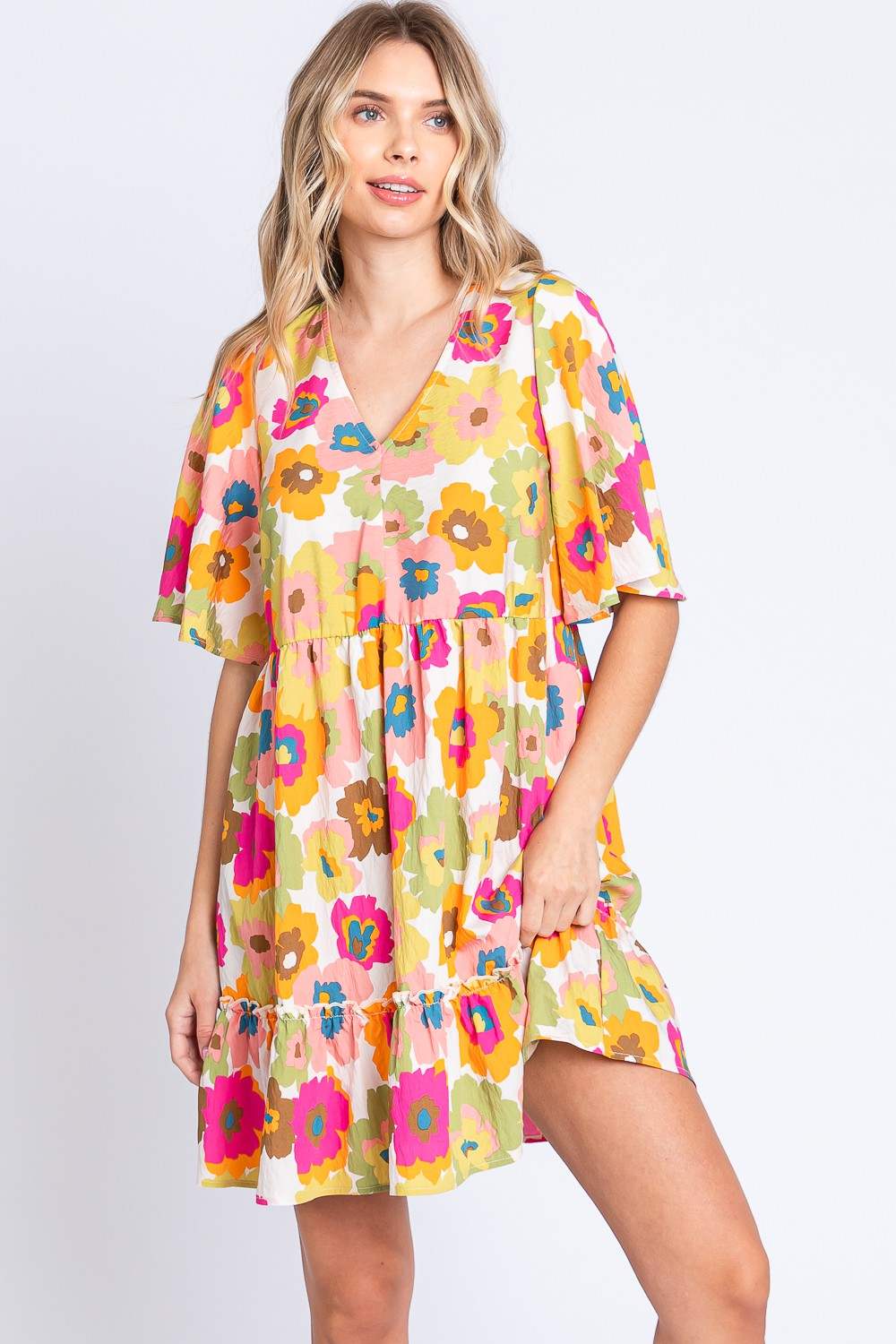 GeeGee Floral V-Neck Ruffle Hem Mini Dress Floral Casual Dresses - Tophatter Daily Deals