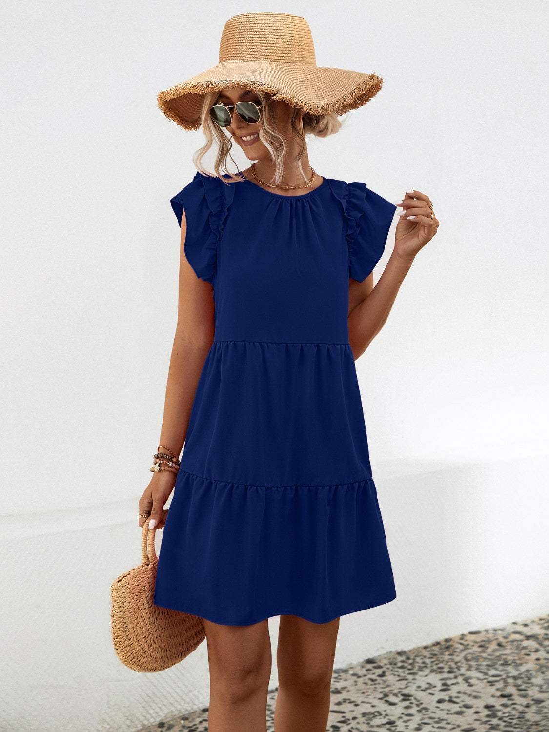 Ruffled Round Neck Cap Sleeve Mini Dress Navy Casual Dresses - Tophatter Daily Deals