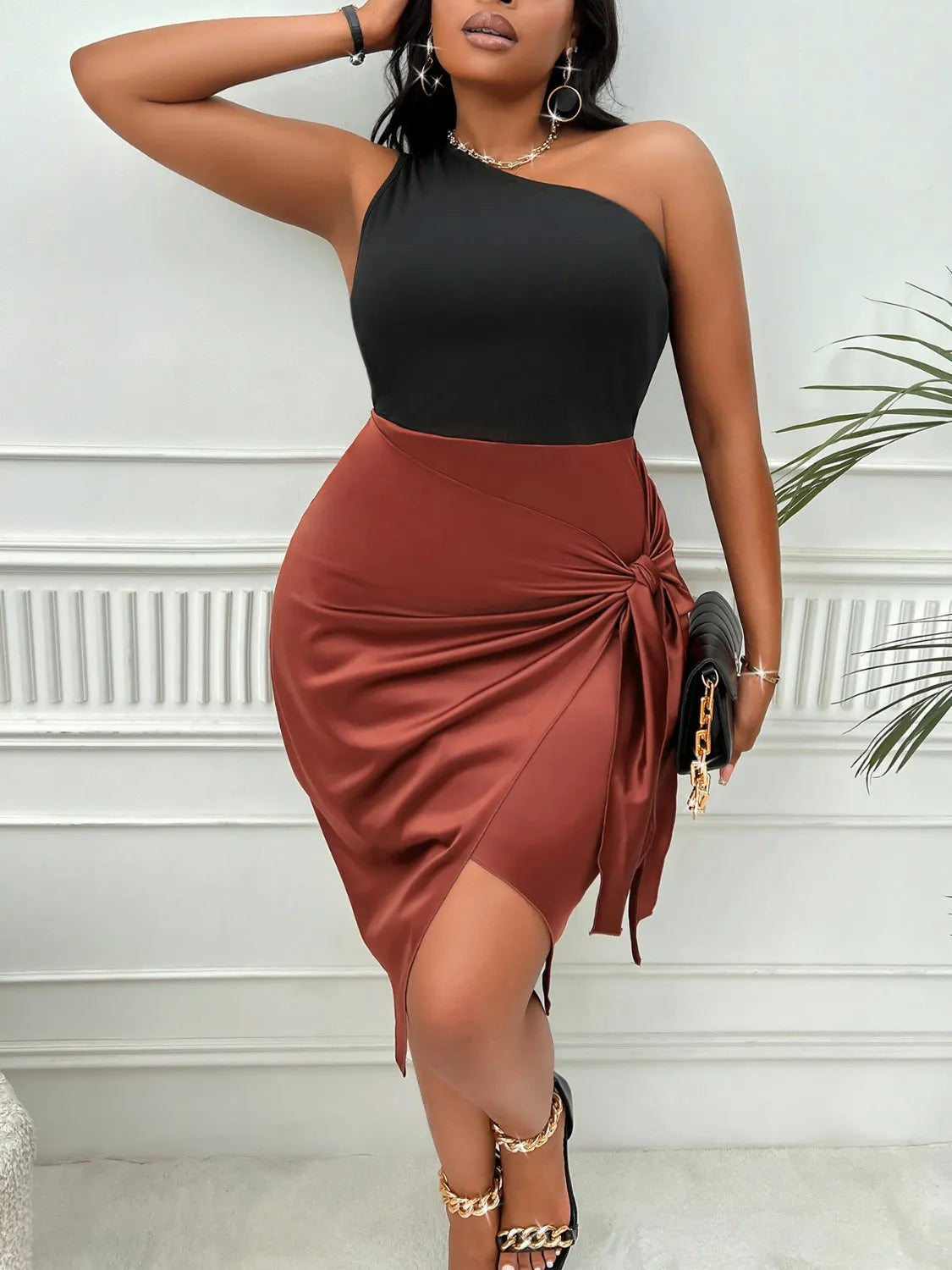 Plus Size One-Shoulder Sleeveless Tied Dress Chestnut Cocktail Dresses - Tophatter Daily Deals