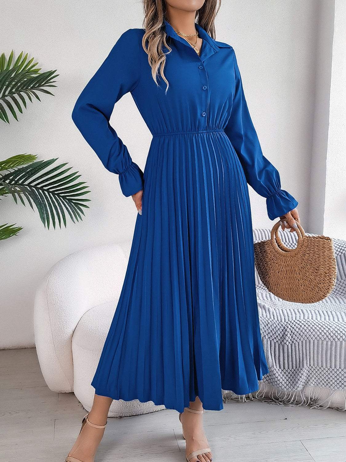 Pleated Half Button Long Sleeve Midi Dress Casual Dresses - Tophatter Daily Deals