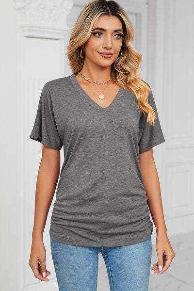 Ruched V-Neck Short Sleeve T-Shirt Charcoal Women's T-Shirts - Tophatter Daily Deals