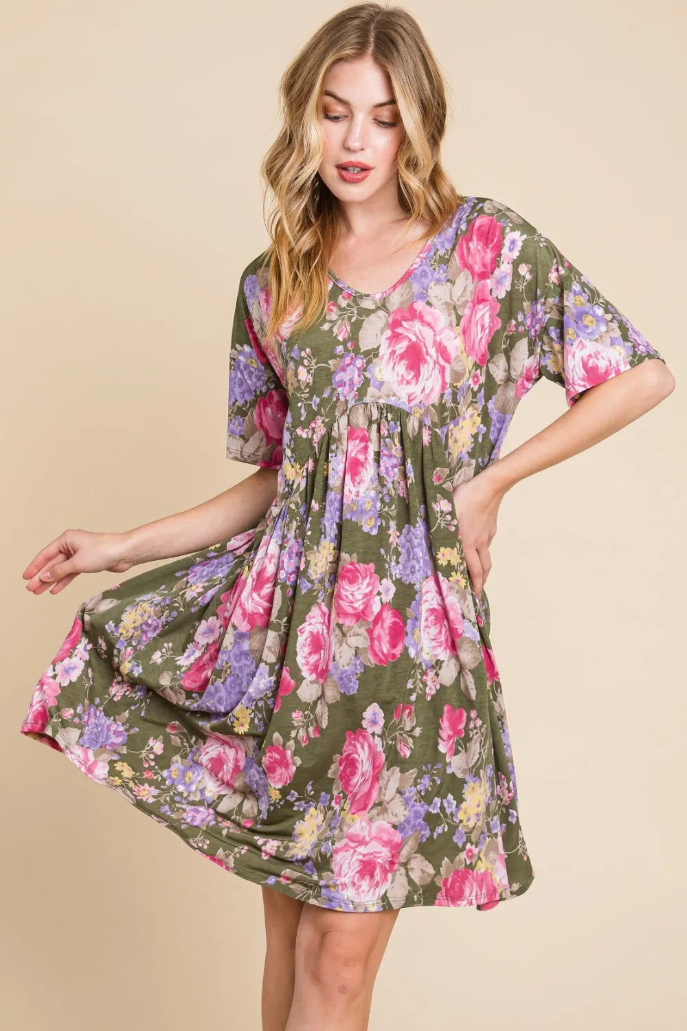 BOMBOM Flower Print V-Neck Ruched Dress Casual Dresses - Tophatter Daily Deals