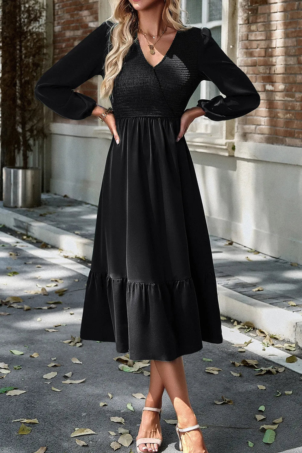 Smocked Surplice Long Sleeve Midi Dress Casual Dresses - Tophatter Daily Deals