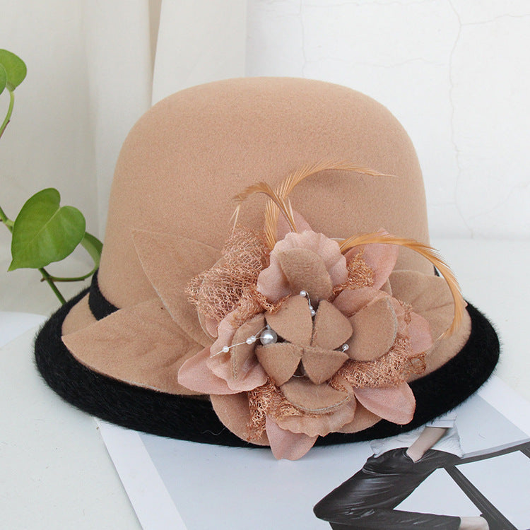 Black Brim Woolen British Feather Flower Top Hat Camel Adjustable 0 - Tophatter Daily Deals