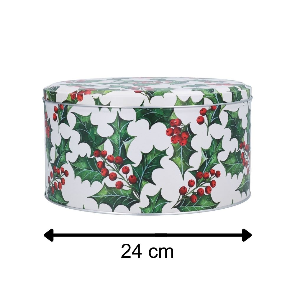 Holly & Berries Christmas Cake Tin | Round Festive Baking Storage Tin 24x12cm Tin - Tophatter Daily Deals