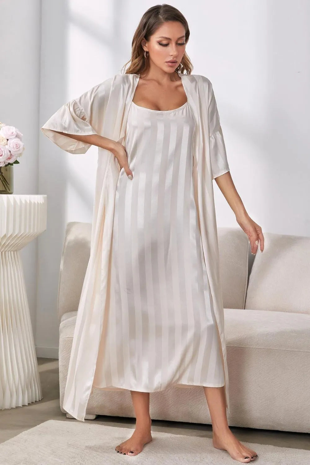 Striped Flounce Sleeve Open Front Robe and Cami Dress Set Loungewear Sets - Tophatter Daily Deals