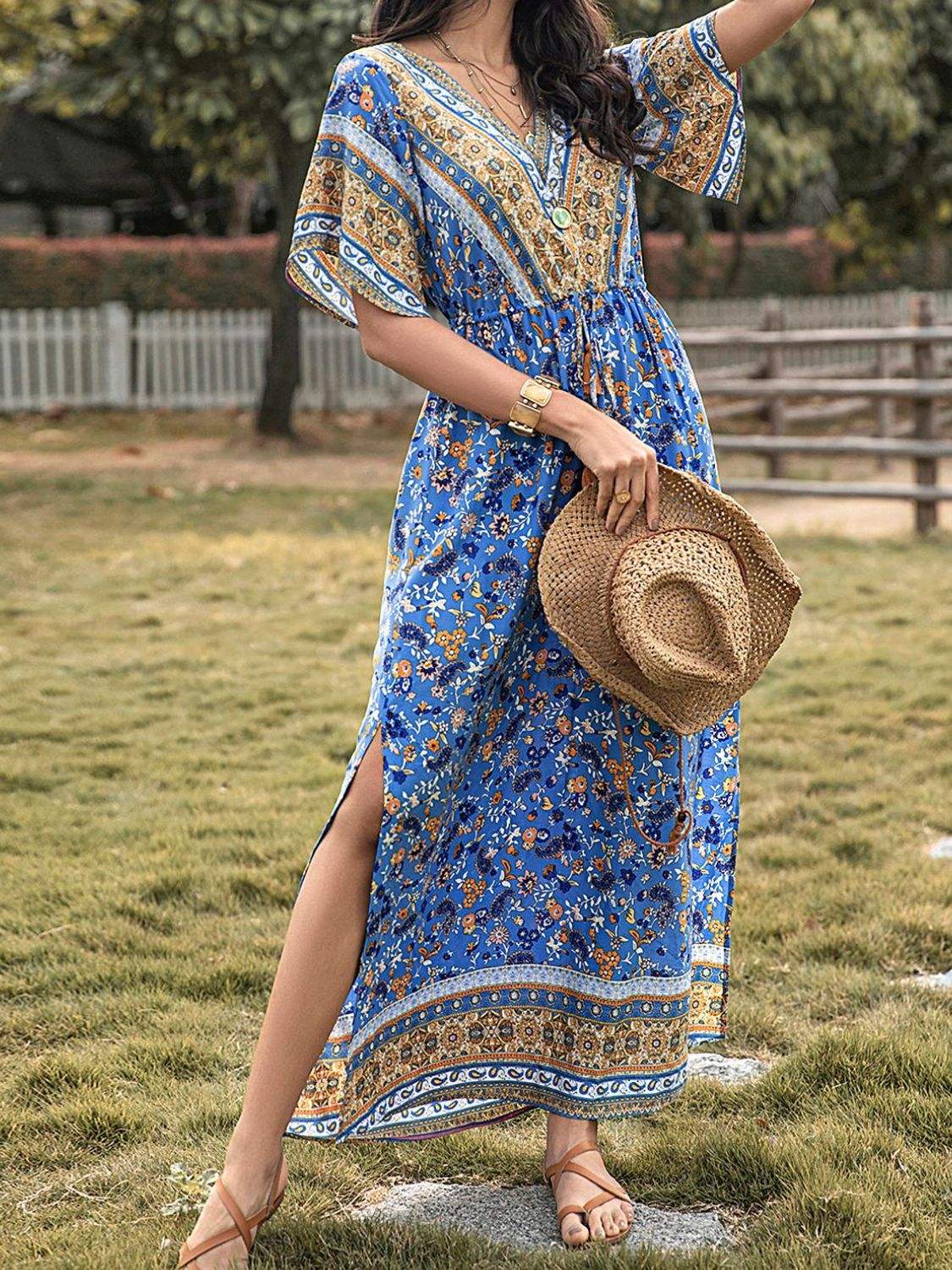 Slit Printed V-Neck Half Sleeve Maxi Dress Casual Dresses - Tophatter Daily Deals