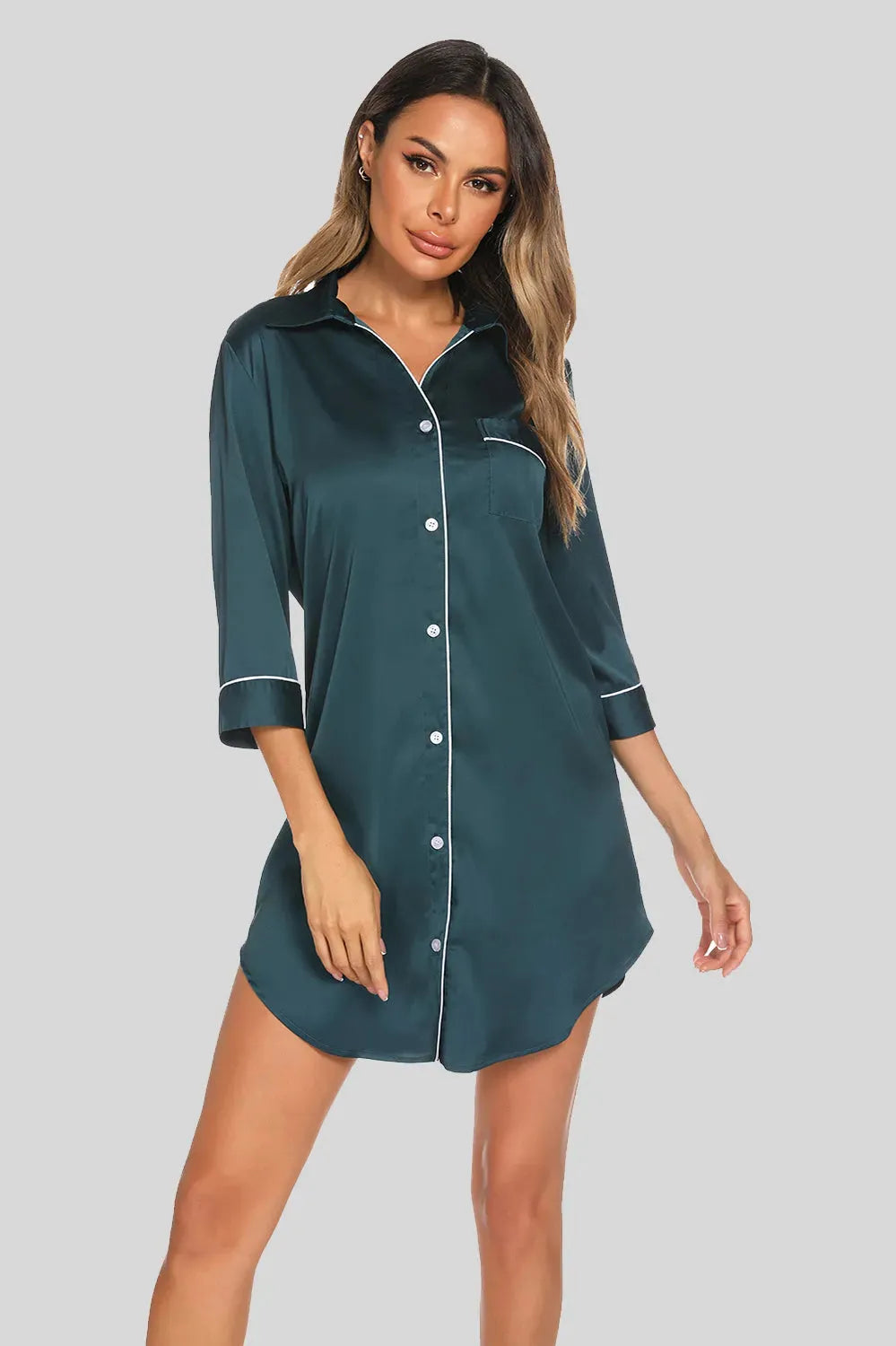 Button Up Collared Neck Night Dress with Pocket Deep Teal Sleep Dresses - Tophatter Daily Deals