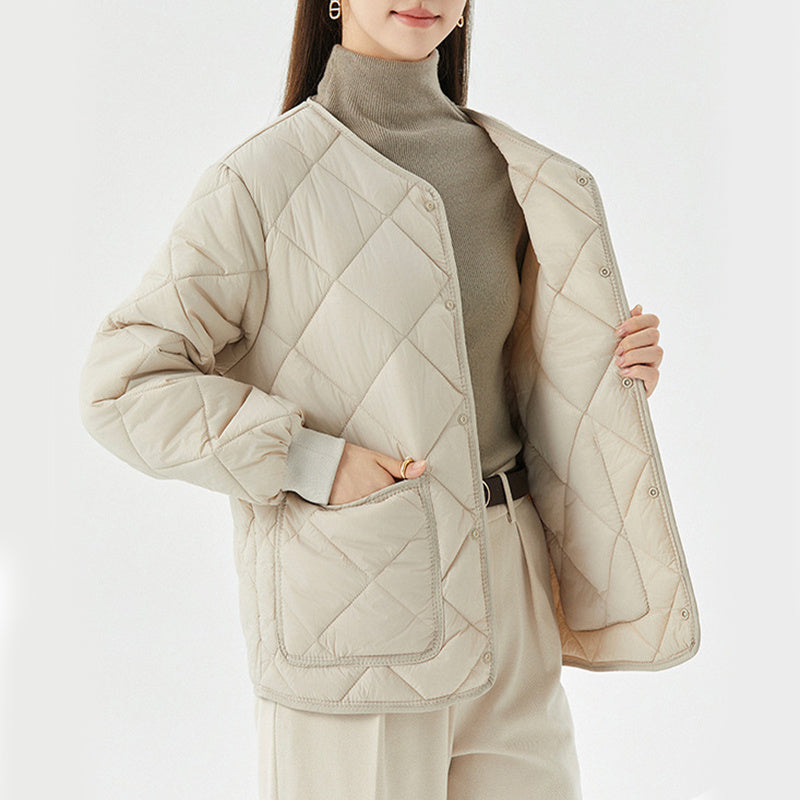 Lightweight Women's Quilted Coat - Relaxed Round Neck Nylon Sided beige 3D Changing Face Moving Picture Frame - Tophatter Daily Deals