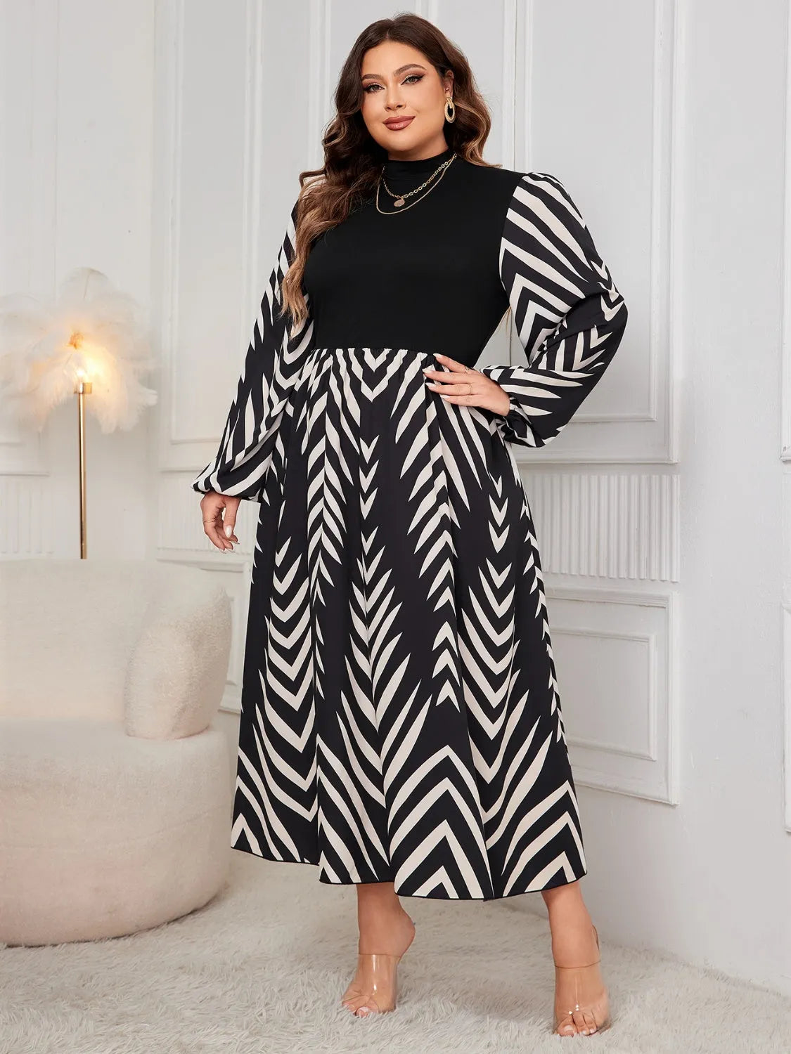 Plus Size Printed Mock Neck Long Sleeve Midi Dress Casual Dresses - Tophatter Daily Deals