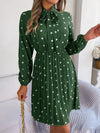 Polka Dot Tie Neck Pleated Dress Green Casual Dresses - Tophatter Daily Deals