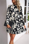 Floral Mock Neck Tie Waist Pleated Dress Black Casual Dresses - Tophatter Daily Deals