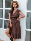 Plus Size Ruffled V-Neck Cap Sleeve Midi Dress Coffee Brown Casual Dresses - Tophatter Daily Deals