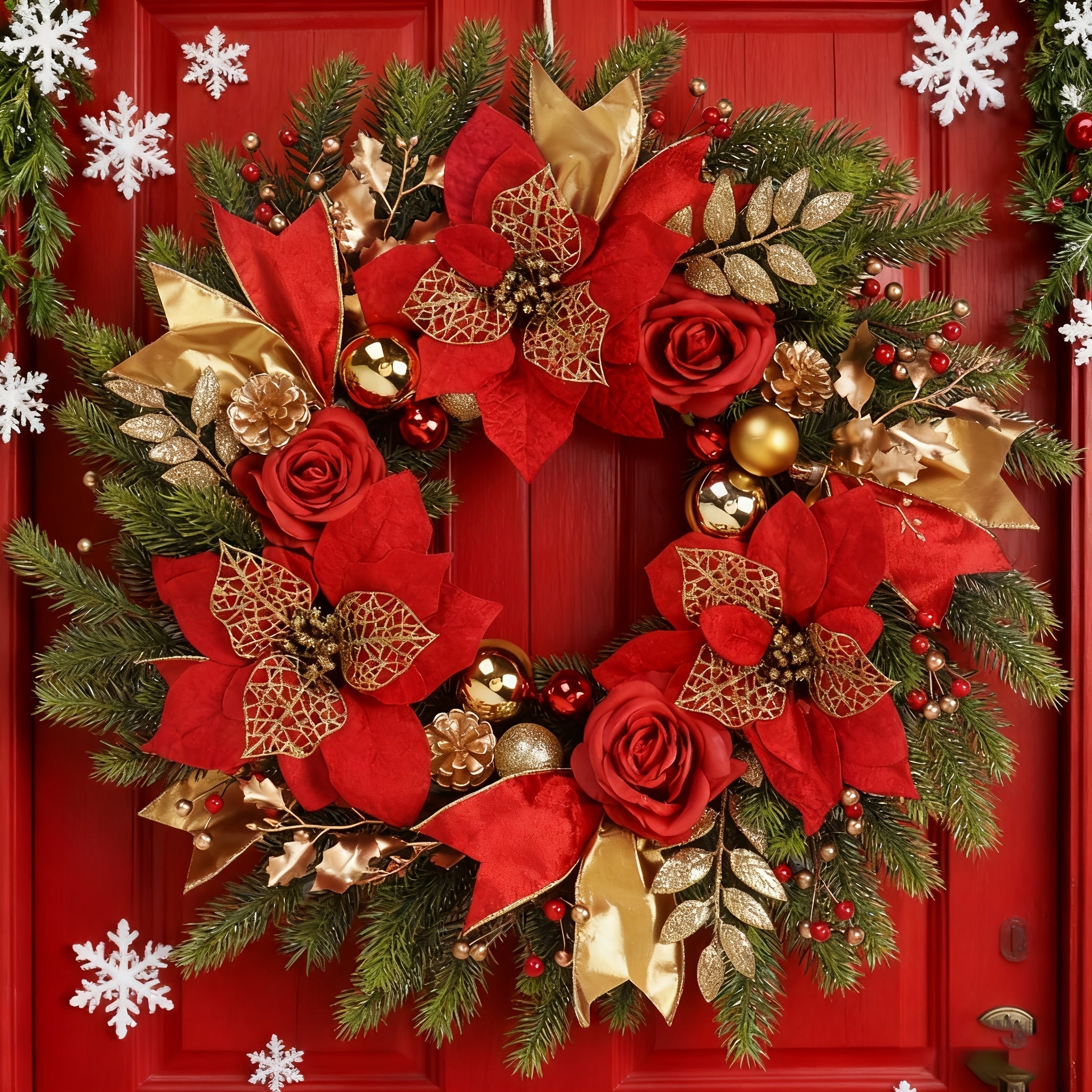 Front Door Christmas Wreath with Red Flowers - Tophatter Daily Deals