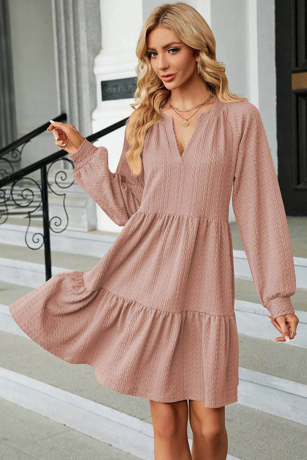 Ruched Notched Long Sleeve Mini Dress Casual Dresses - Tophatter Daily Deals