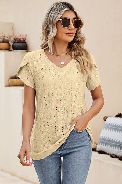 Eyelet V-Neck Petal Sleeve T-Shirt Pastel Yellow Women's T-Shirts - Tophatter Daily Deals