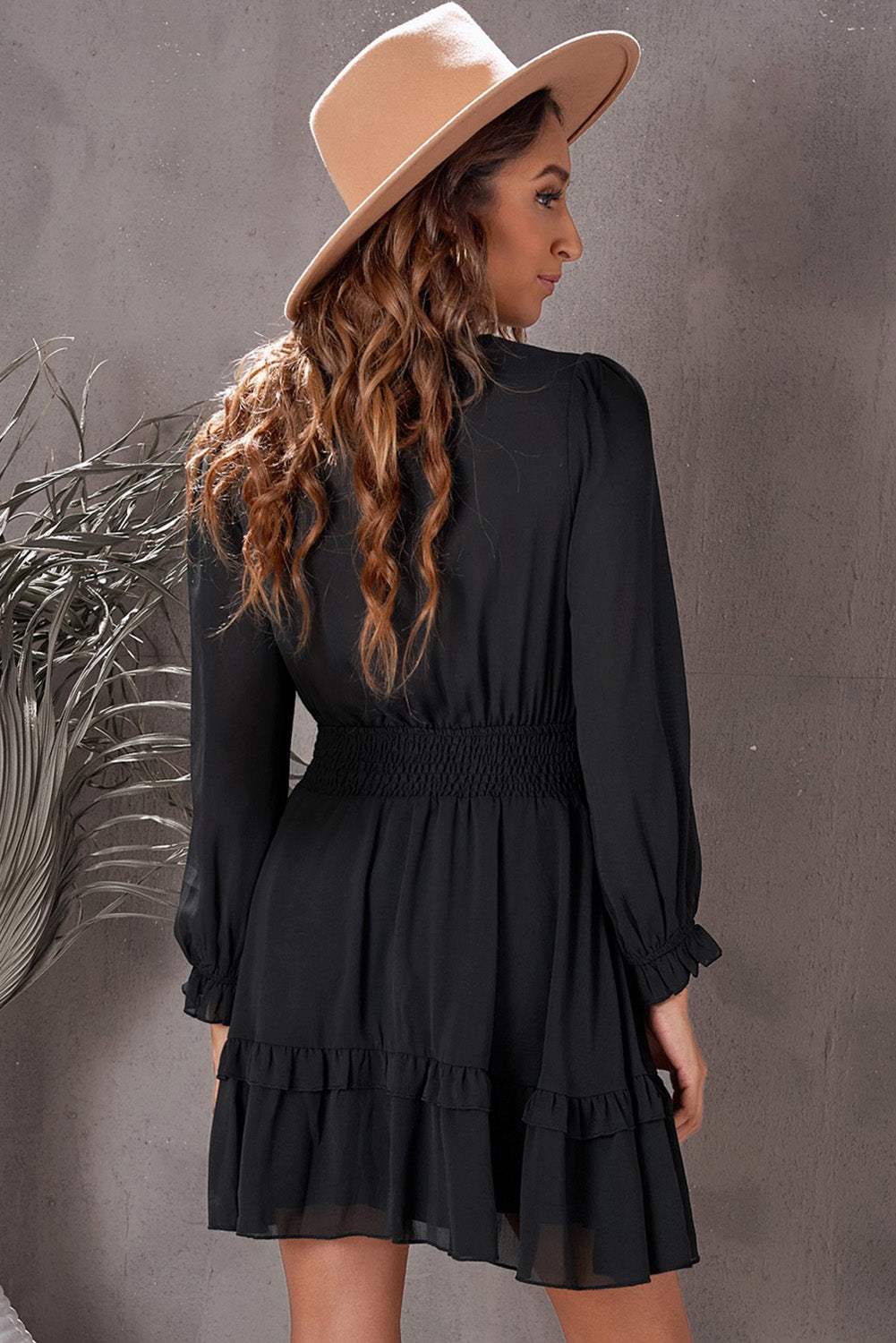 Tied Plunge Smocked Waist Flounce Sleeve Dress Casual Dresses - Tophatter Daily Deals