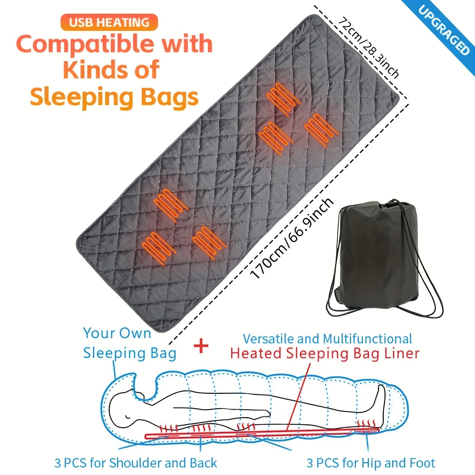 USB Heated Sleeping Bag Pad 5-Level Adjustable Outdoor Recreation > Camping > Sleeping Bags - Tophatter Daily Deals