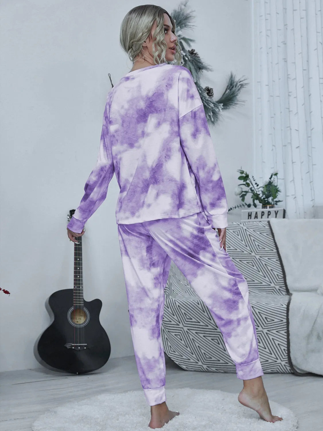 Tie-dye Round Neck Top and Drawstring Pants Lounge Set Loungewear Sets - Tophatter Daily Deals