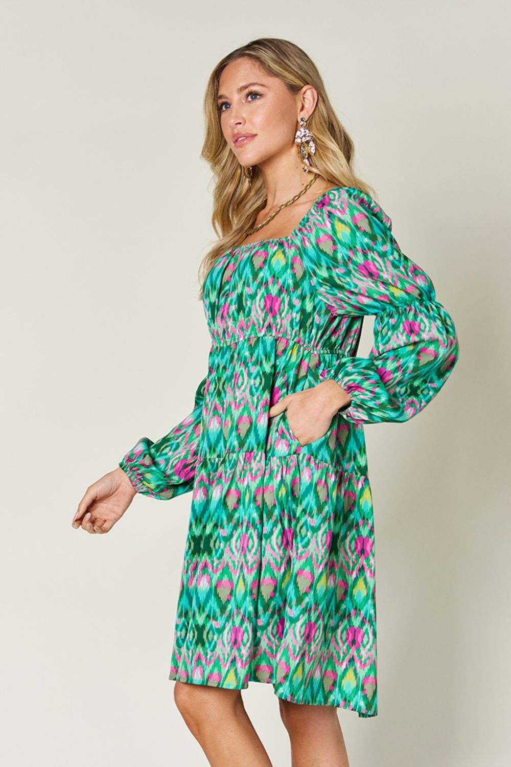 Double Take Full Size Printed Long Sleeve Dress Casual Dresses - Tophatter Daily Deals