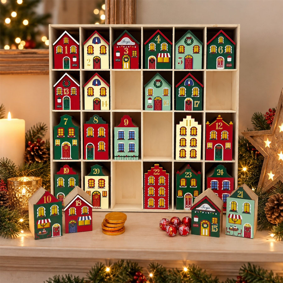 Fill Your Own Advent Calendar, Gisela Graham Reusable Wooden Dutch Village Advent Calendar - Tophatter Daily Deals
