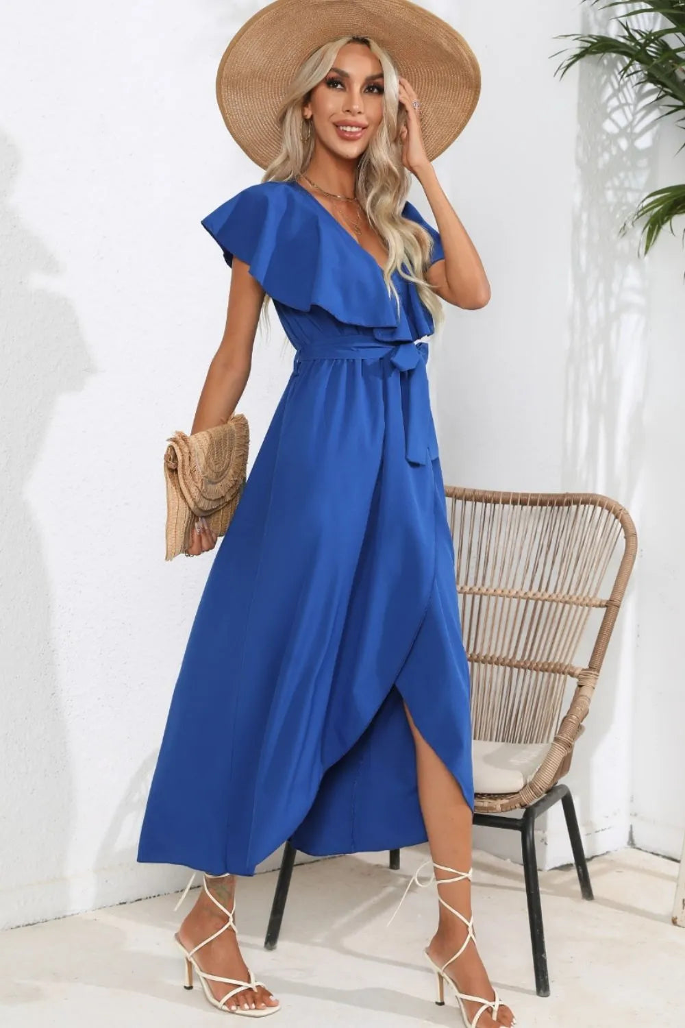 Ruffled Tied V-Neck Midi Dress Casual Dresses - Tophatter Daily Deals