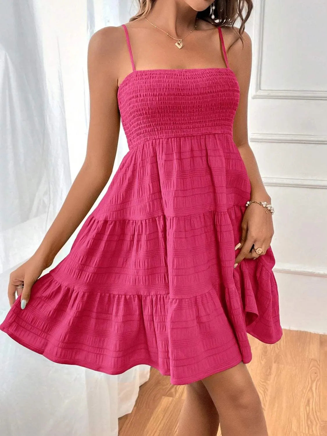 Smocked Tiered Sleeveless Mini Dress Deep Rose Casual Dresses - Tophatter Daily Deals