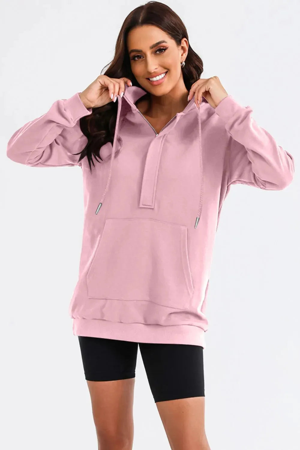 Drawstring Half Zip Hooded Dress Blush Pink Casual Dresses - Tophatter Daily Deals