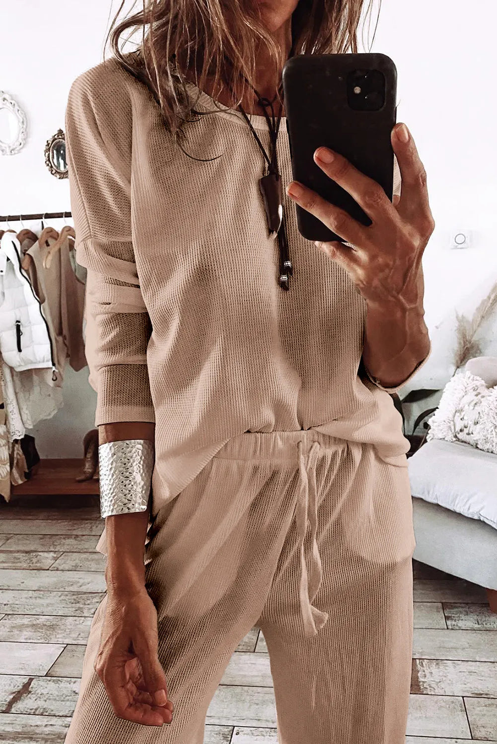 Parchment Textured Long Sleeve T Shirt and Pants Lounge Set Loungewear & Sleepwear/Loungewear - Tophatter Daily Deals
