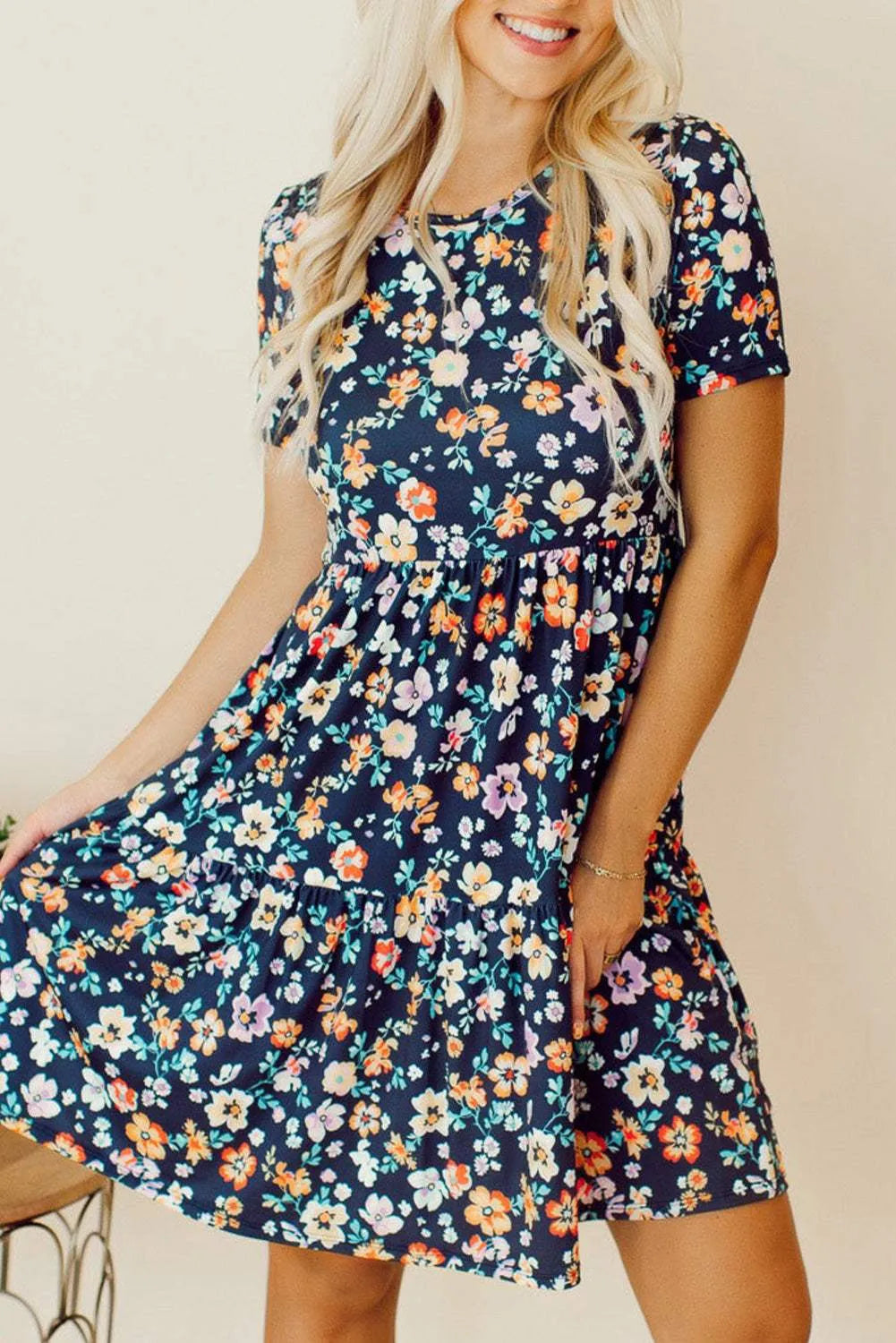 Floral Round Neck Short Sleeve Mini Dress Navy Casual Dresses - Tophatter Daily Deals