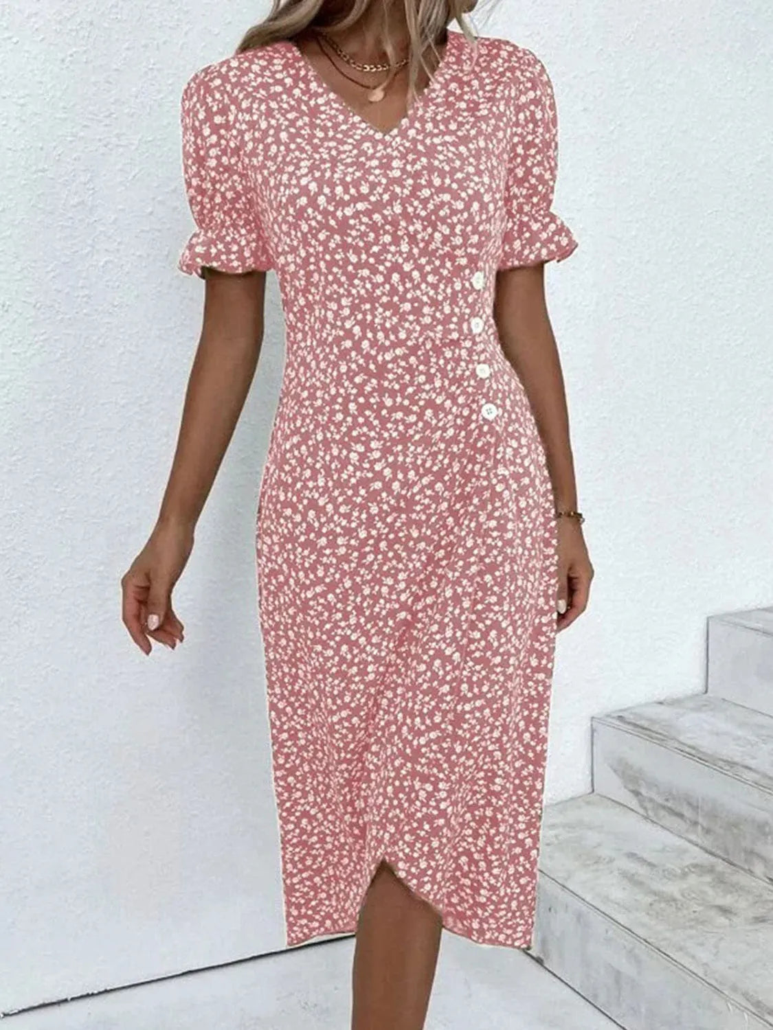 Full Size Printed Surplice Flounce Sleeve Midi Dress Casual Dresses - Tophatter Daily Deals