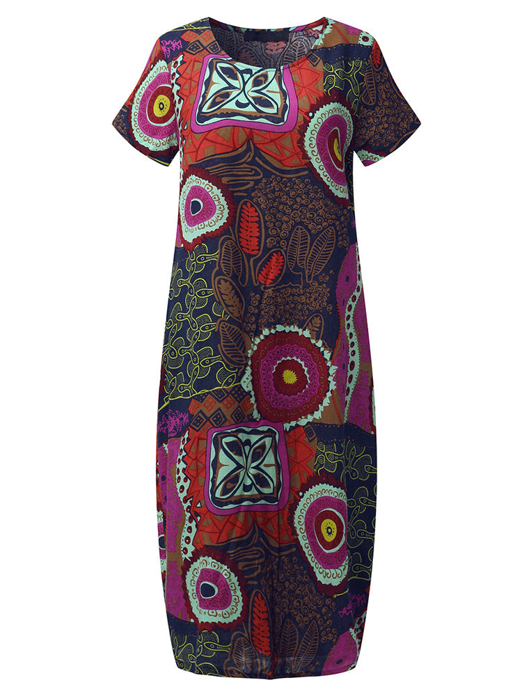 Cotton Women Pattern Printed Short Sleeve O-Neck Dresses Mini Dresses - Tophatter Daily Deals