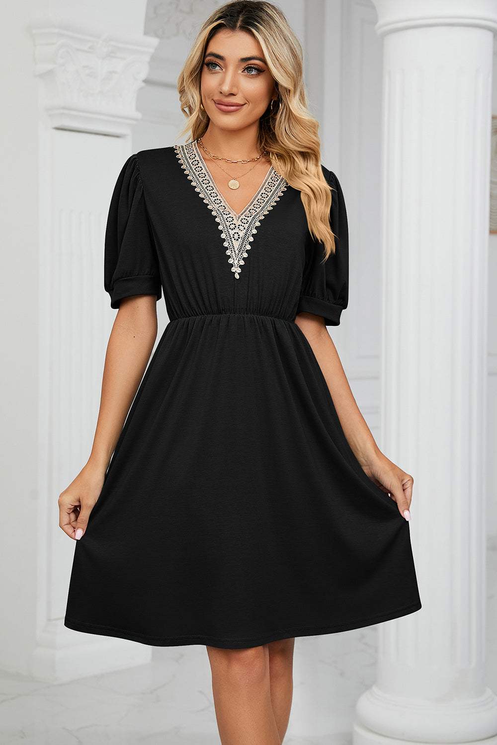 V-Neck Puff Sleeve Dress Black Casual Dresses - Tophatter Daily Deals