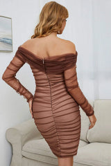 Off-Shoulder Ruched Long Sleeve Tulle Dress Cocktail Dresses - Tophatter Daily Deals