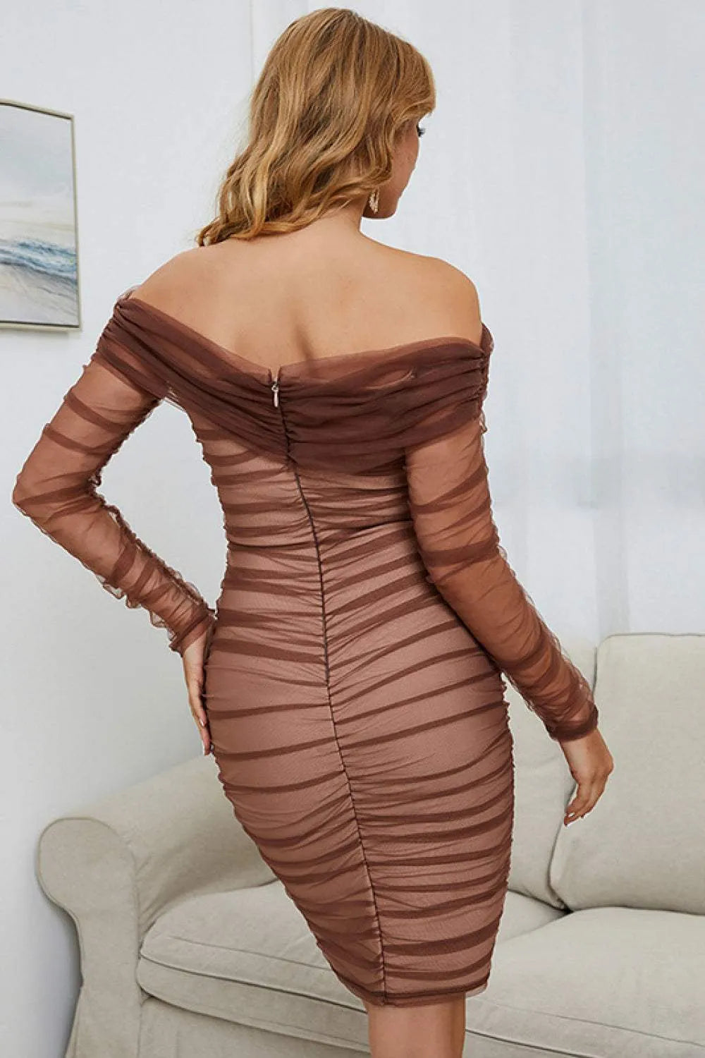 Off-Shoulder Ruched Long Sleeve Tulle Dress Cocktail Dresses - Tophatter Daily Deals
