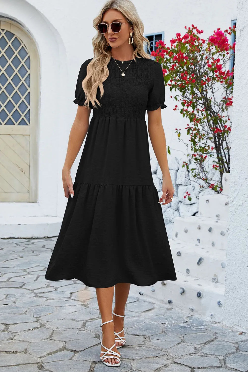 Smocked Round Neck Flounce Sleeve Midi Dress Casual Dresses - Tophatter Daily Deals