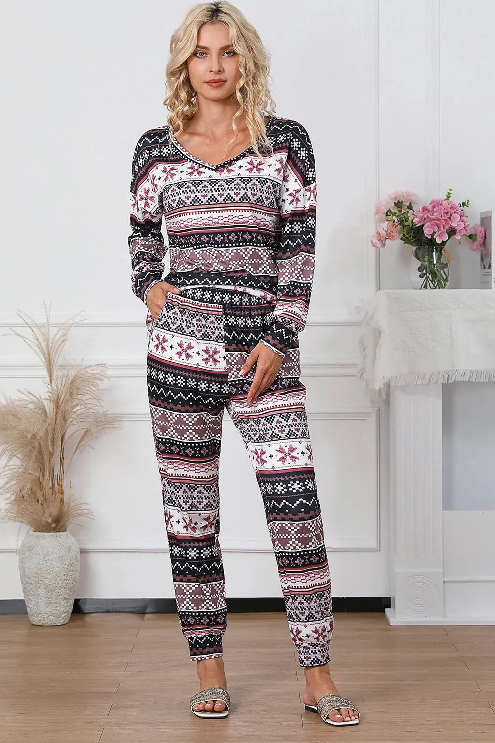 Printed V-Neck Top and Pants Lounge Set Loungewear Sets - Tophatter Daily Deals