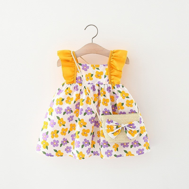 Baby Girl Flounced Sleeve Dress Free Bamboo Basket Satchel Yellow And Purple Flowers 0 - Tophatter Daily Deals