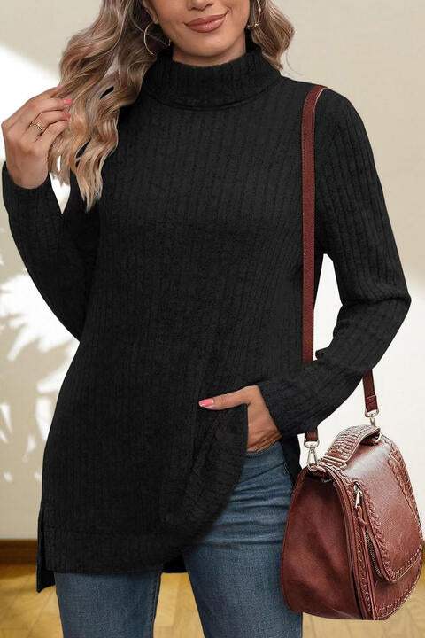 Turtleneck High Low Top Black Blouses - Tophatter Daily Deals