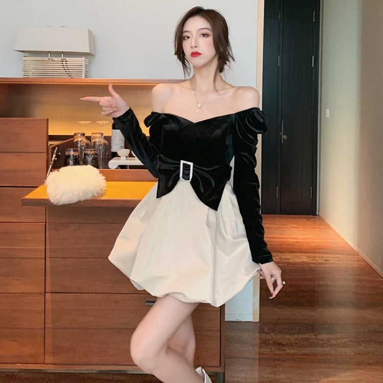Back Puff Sleeve Stitching Gold Velvet Dress Black and white 0 - Tophatter Daily Deals