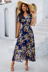 Smocked Floral V-Neck Short Sleeve Dress Casual Dresses - Tophatter Daily Deals