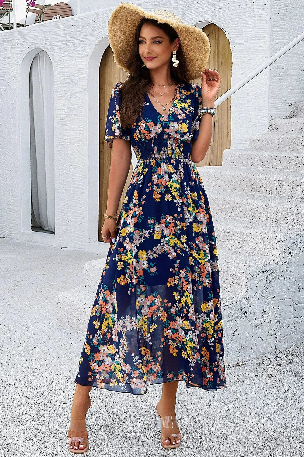 Smocked Floral V-Neck Short Sleeve Dress Casual Dresses - Tophatter Daily Deals