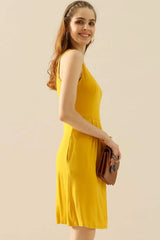 Doublju Full Size Round Neck Ruched Sleeveless Dress with Pockets MUSTARD Cocktail Dresses - Tophatter Daily Deals