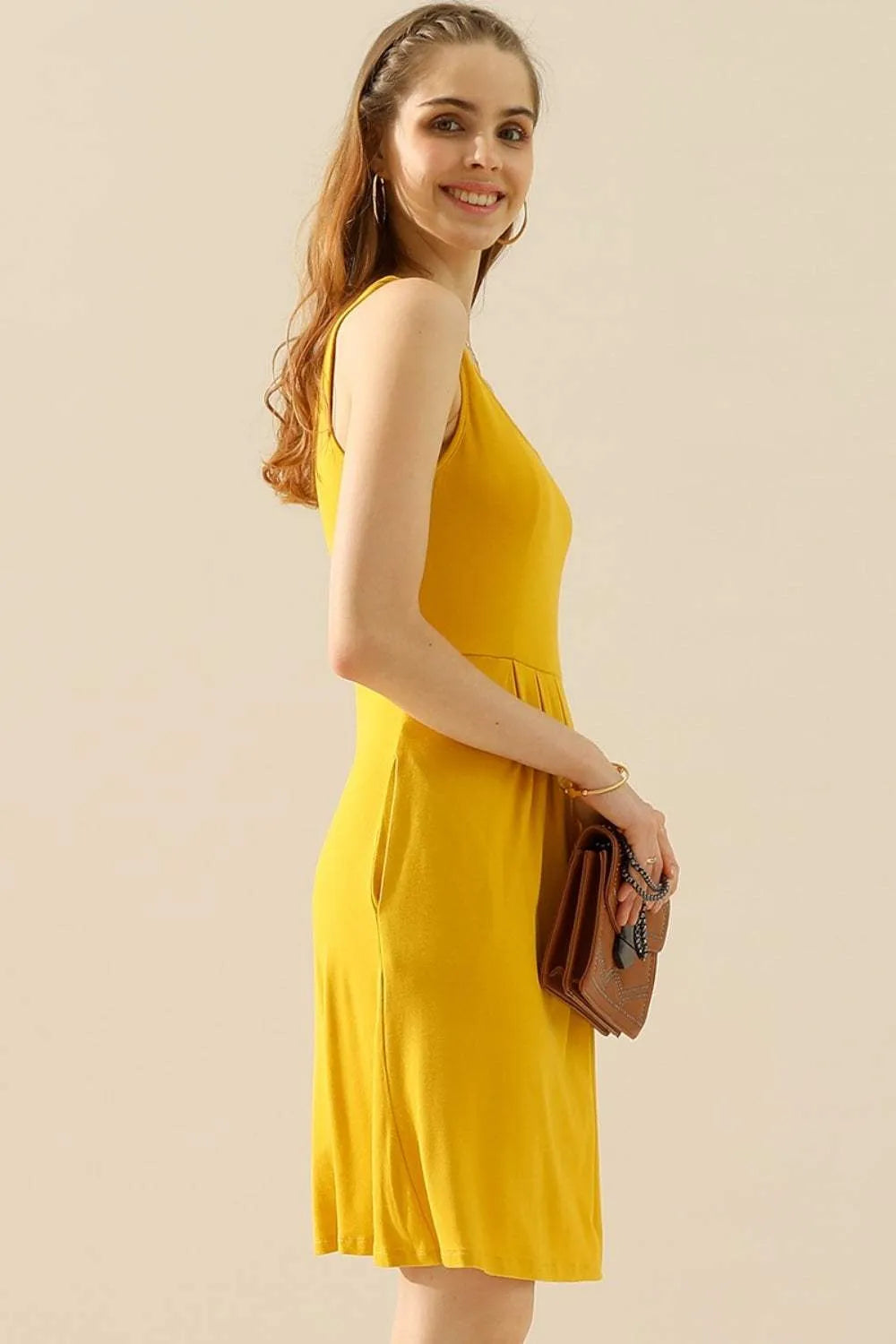 Doublju Full Size Round Neck Ruched Sleeveless Dress with Pockets MUSTARD Cocktail Dresses - Tophatter Daily Deals