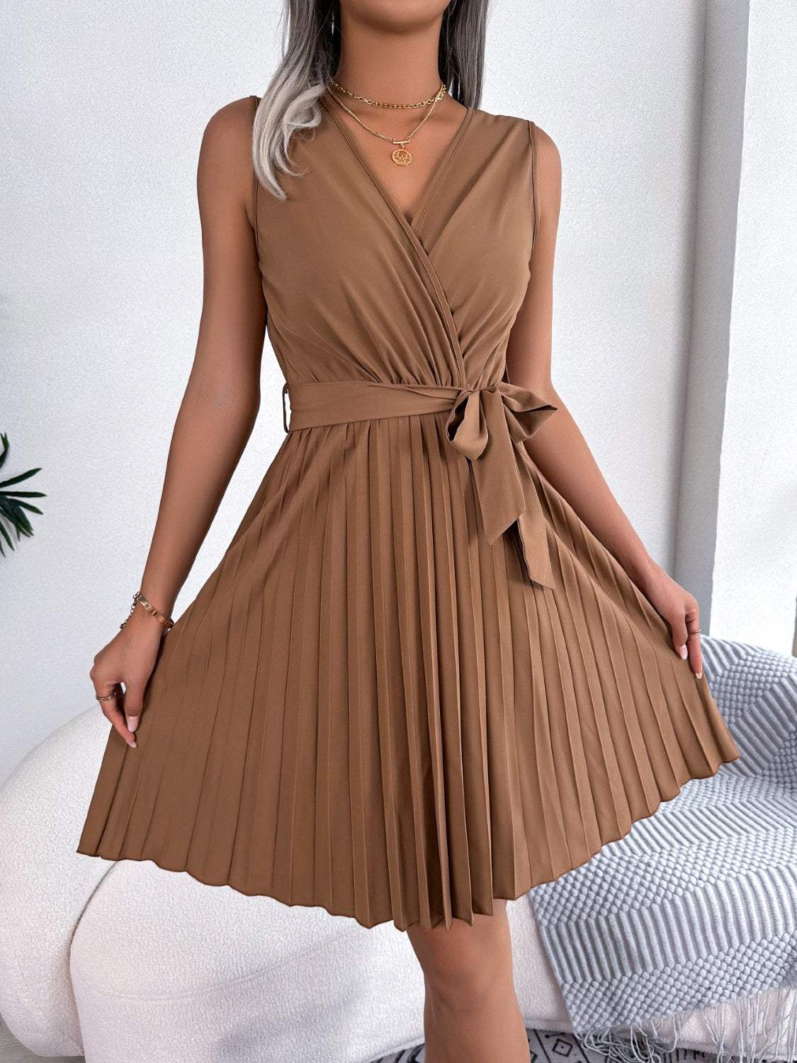 Tied Surplice Sleeveless Pleated Dress Caramel Casual Dresses - Tophatter Daily Deals