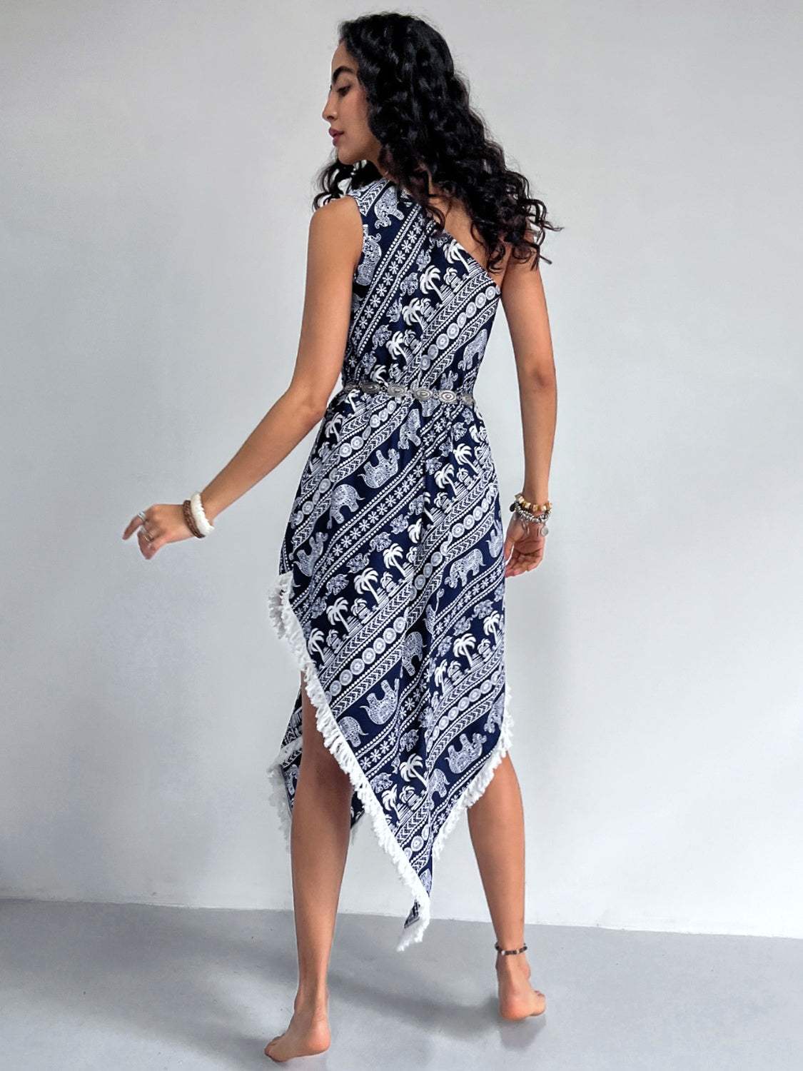 Fringe Printed Single Shoulder Dress Casual Dresses - Tophatter Daily Deals