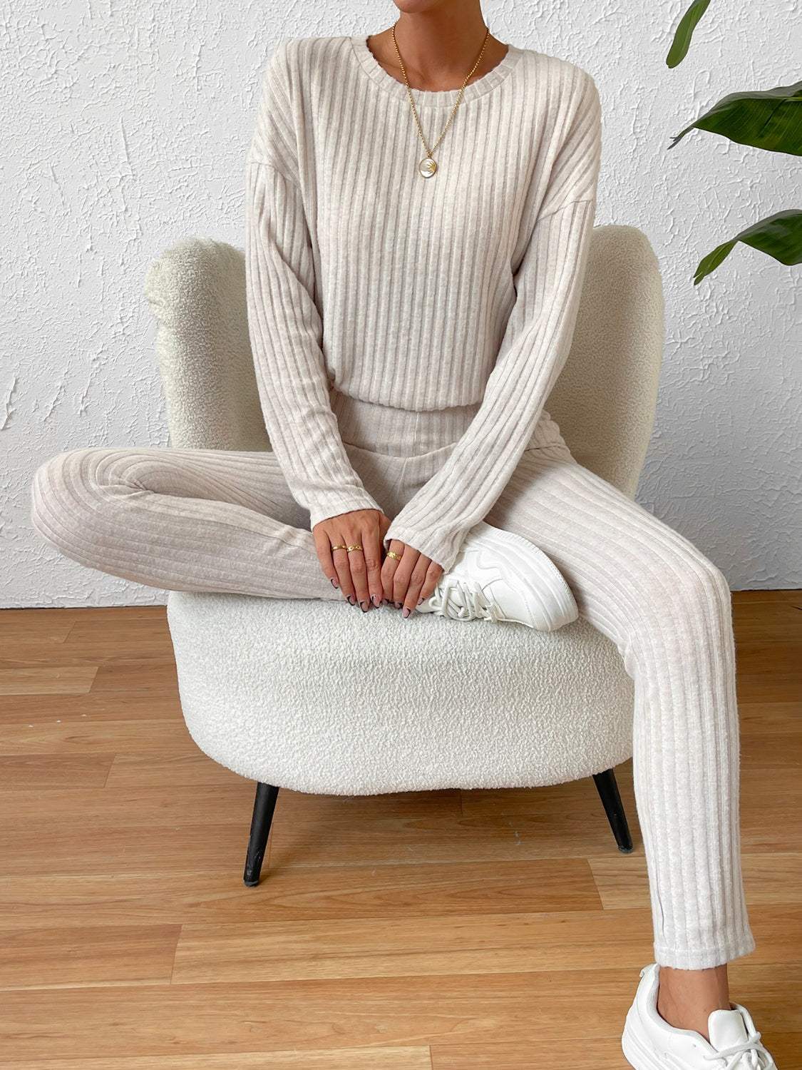 Ribbed Top and Pants Lounge Set Loungewear Sets - Tophatter Daily Deals