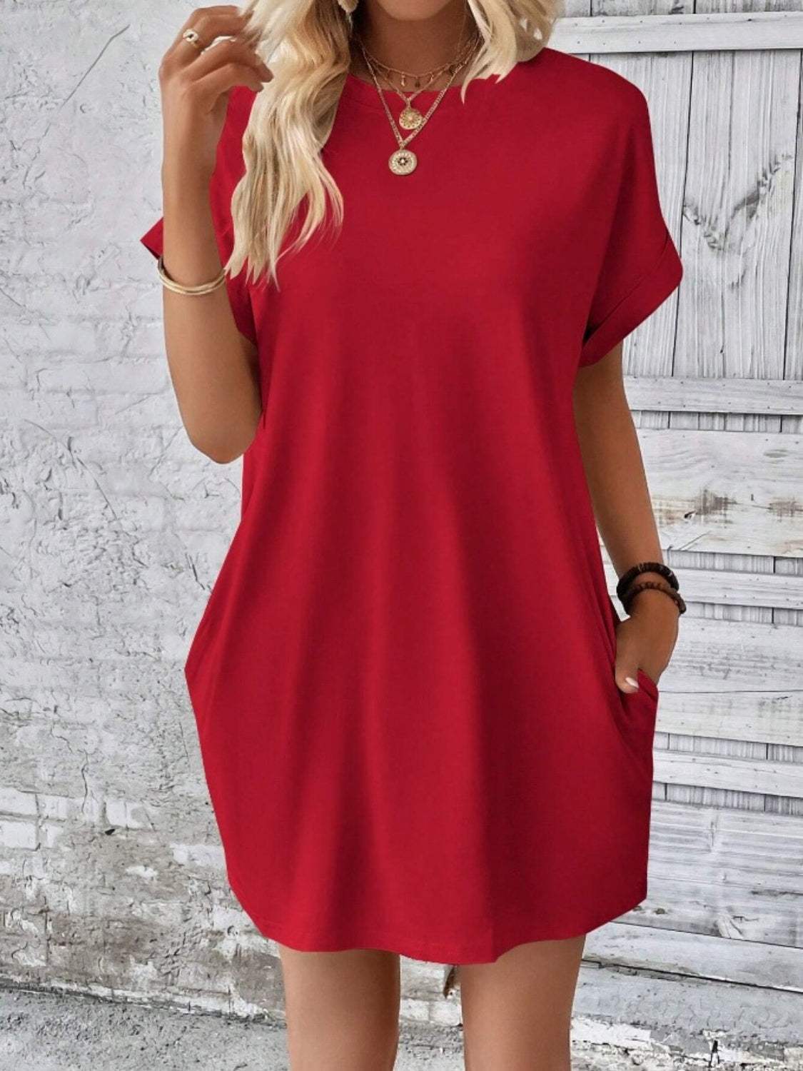 Pocketed Round Neck Short Sleeve Dress Deep Red Casual Dresses - Tophatter Daily Deals